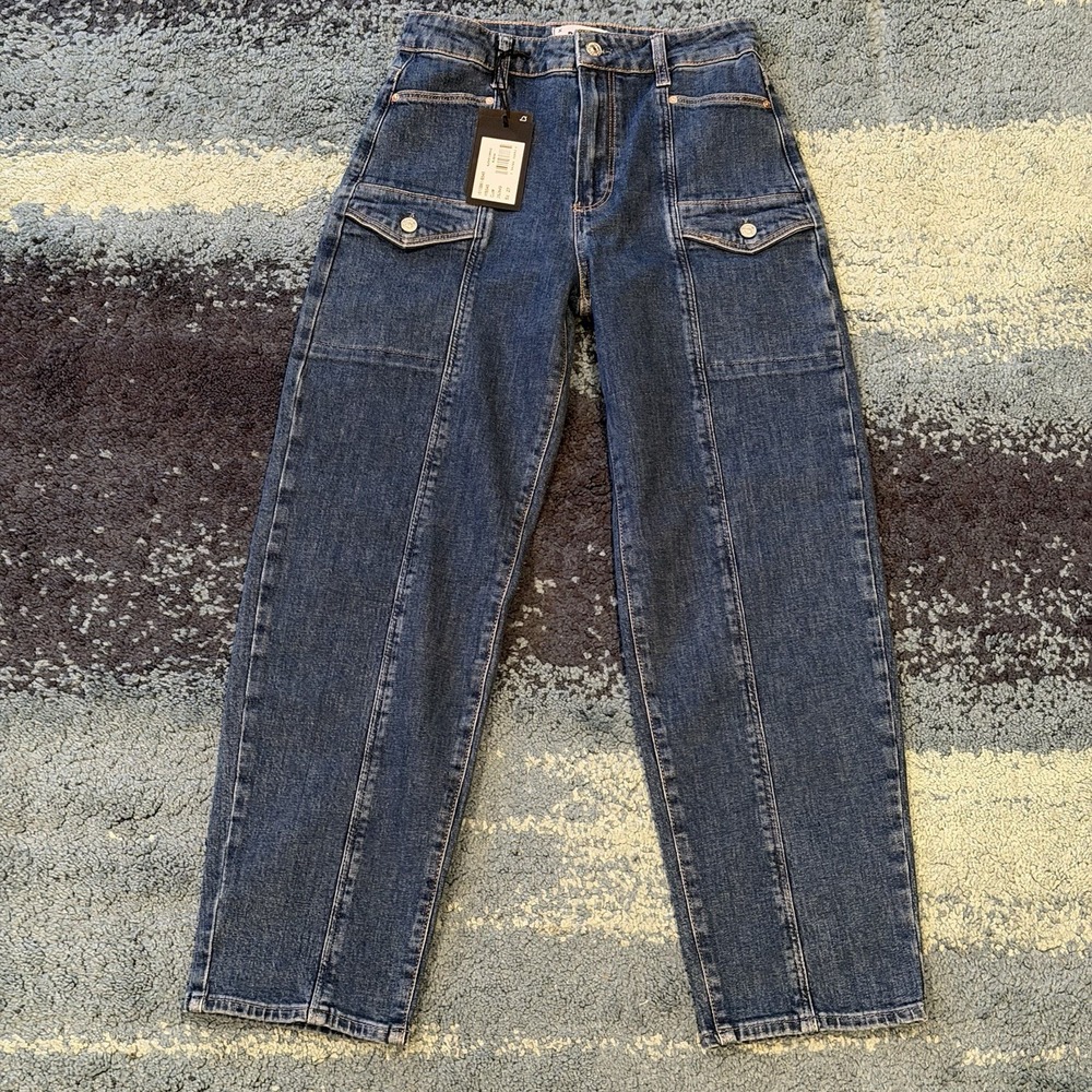 NWT PAIGE Alexis Cargo Rubina High Rise Barrel Leg Jeans Blue Denim Women's 27